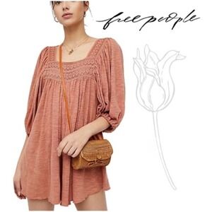 Free People Sz Medium Dancing In The Waves  Smocked Puff Sleeve Romper Boo NWT